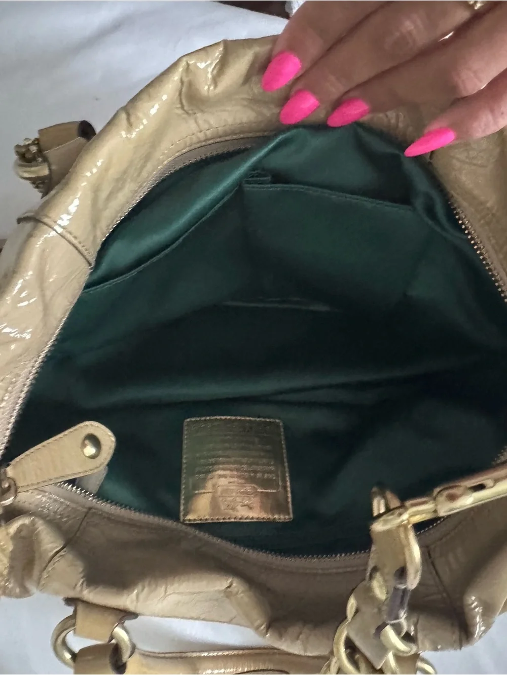 Coach Tan Patent Leather Tote with Gold Chain Strap